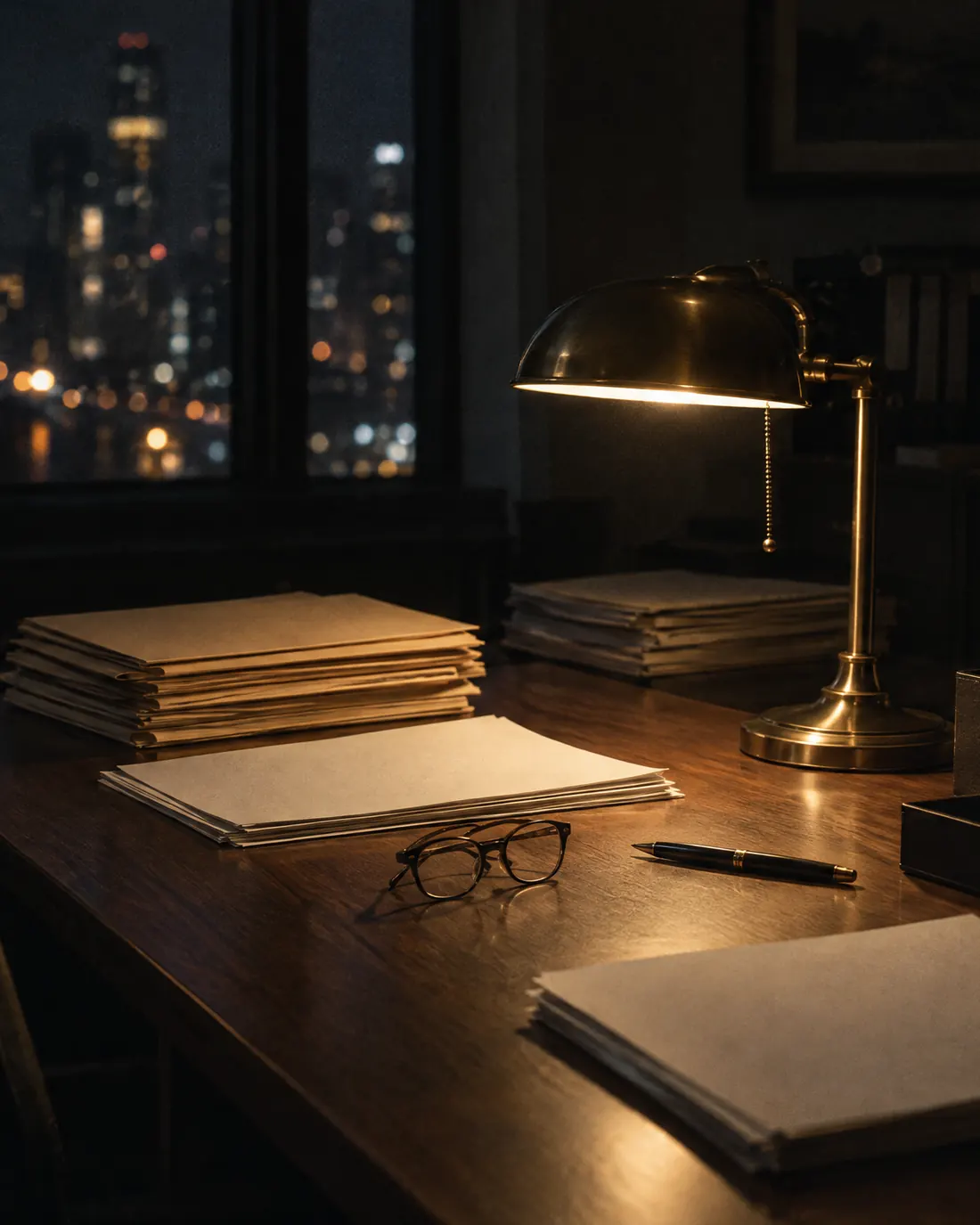 Mesa com pastas de documentos e luminária acesa em um escritório à noite
