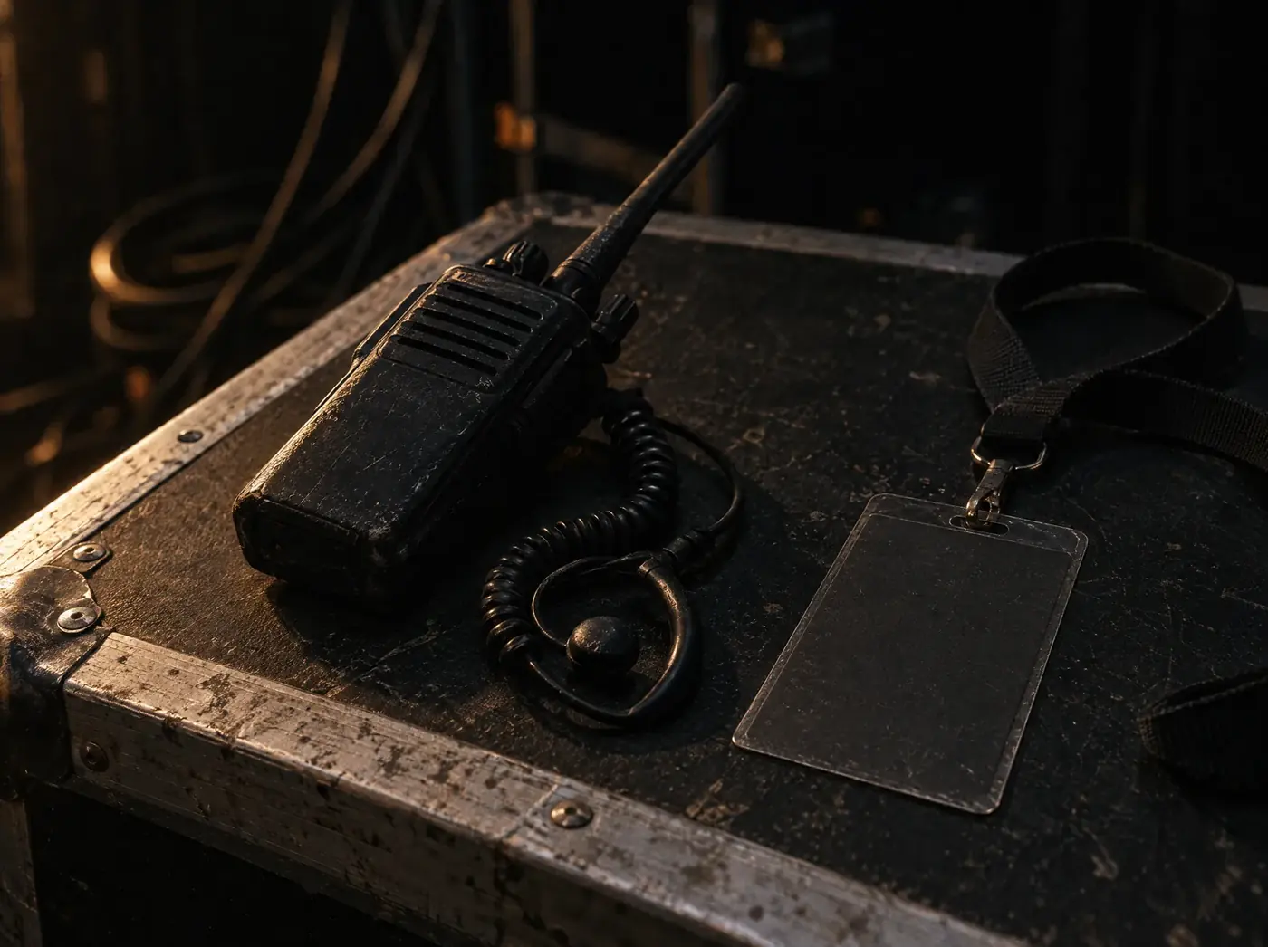 Rádio comunicador e credencial sobre um case de equipamento nos bastidores