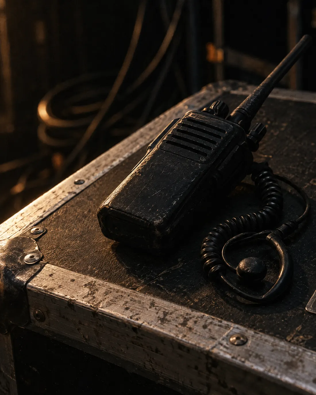 Rádio comunicador sobre um case de equipamento nos bastidores