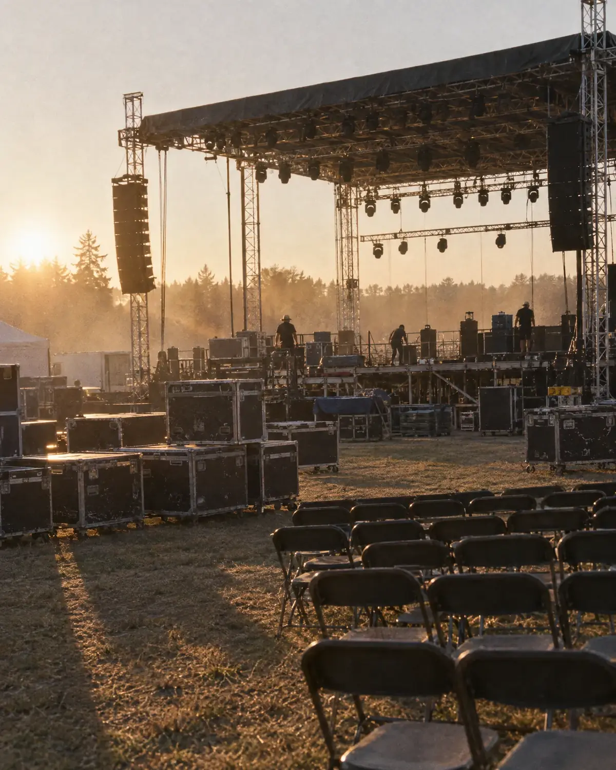 Montagem de palco ao entardecer, com cases de equipamento e cadeiras vazias